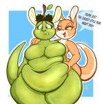  4foxsakes anthro belly big_butt blakeysbeans blush breasts butt chubby_cheeks chubby_female duo embarrassed female female/female food food_fetish food_transformation fruit green_body hi_res kangaroo macropod mammal marsupial overweight overweight_female pear pear-shaped_figure plant slightly_chubby thick_thighs transformation wide_hips 