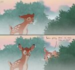  bambi bambi_(film) brown_body brown_fur cervine child cold deer digital_drawing_(artwork) digital_media_(artwork) disney ears_back ears_up eyes_closed faline fawn_spots female feral fog foggy foggy_background fur hi_res male mammal mule_deer new_world_deer open_mouth peeing pivoted_ears plant reinderworld shrub smile surprise surprised_expression tan_body tan_fur text young 