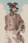  &lt;3 anthro blazer brown_body brown_fur canid canine canis cheek_tuft chest_tuft chin_tuft clothed clothing dex_(terribleanimal) domestic_dog dress_shirt ear_tuft eyewear facial_tuft fangs fur hand_in_pocket hi_res male mammal open_clothing open_mouth open_shirt open_smile open_topwear pockets schnauzer shirt simple_background smile solo sunglasses teeth terribleanimal topwear tuft wide_eyed 