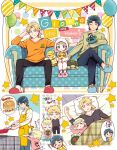 3boys aged_down apron balloon bed black_pants blonde_hair blue_hair blush braid closed_eyes closed_mouth coco_jumbo commentary_request cookie couch dio_brando family father_and_son food frying_pan giorno_giovanna gold_experience green_eyes holding implied_yaoi indoors jojo_no_kimyou_na_bouken jonathan_joestar long_hair long_sleeves lying morino_peko multiple_boys pajamas pancake pancake_stack pants pillow plate shirt short_hair sitting sleeping slippers smile star_(symbol) stuffed_toy the_world translation_request vento_aureo yellow_apron 