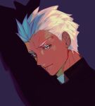  1boy archer_(fate) baragi blue_background cassock closed_mouth colored_eyelashes fate/stay_night fate_(series) grey_eyes highres male_focus priest short_hair simple_background smile solo stole tan upper_body white_hair 