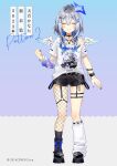  2023 ahoge amane_kanata amane_kanata_(6th_costume) angel_wings animal_ears asymmetrical_legwear belt black_belt black_choker black_footwear black_shorts black_socks blue_bow blue_hair blush bow character_name character_print choker clenched_hand closed_eyes closed_mouth copyright_name drawstring fake_animal_ears fishnet_pantyhose fishnets full_body gradient_hair grey_hair hair_between_eyes hair_ornament hairclip halo highres hololive jewelry looking_at_viewer mismatched_legwear multicolored_hair nail_polish off_shoulder official_art oshio_(dayo) pantyhose print_shirt shirt shoes short_hair shorts single_fishnet_legwear smile socks star_halo thigh_strap virtual_youtuber white_bow white_shirt white_socks wings x_hair_ornament zipper zipper_pull_tab 