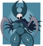  anthro arthropod blue_body breasts cape claws clothing crossgender exoskeleton female genitals hi_res horn insect mantis nipples poraka7 pussy solo thick_thighs traitor_lord_(hollow_knight) 