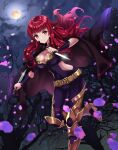  1girl armor belt bodysuit cape cleavage_cutout clothing_cutout fire_emblem fire_emblem_engage full_body hair_ornament highres holding holding_knife holding_weapon kakiko210 knife long_hair looking_at_viewer moon red_eyes red_hair star_(symbol) star_hair_ornament weapon yunaka_(fire_emblem) 