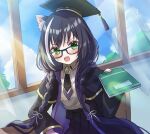  1girl absurdres animal_ears black_hair blush braid cat_ears cat_girl classroom cloak collared_shirt curtains day fang glasses graduation green_eyes hair_ribbon hat high-waist_skirt highres holding holding_notebook karyl_(princess_connect!) long_sleeves looking_at_viewer mortarboard multicolored_hair necktie notebook open_mouth pleated_skirt princess_connect! ribbon shinzousan shirt skin_fang skirt sky solo streaked_hair sunlight twin_braids upper_body v-shaped_eyebrows white_hair window 