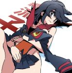  1boy 1girl black_eyes black_hair kill_la_kill looking_at_viewer lying matoi_ryuuko on_back q-bei school_uniform senketsu short_hair tagme white_background 