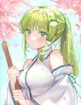  1girl bare_shoulders blush breasts detached_sleeves flua_(fee_de_la) frog_hair_ornament green_eyes green_hair hair_ornament highres japanese_clothes kochiya_sanae large_breasts long_hair nontraditional_miko snake_hair_ornament solo touhou upper_body white_sleeves wide_sleeves 