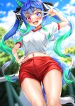  1girl absurdres animal_ears black_ribbon blue_eyes blue_hair blue_sky blurry blurry_background cloud cloudy_sky commentary day depth_of_field gym_shirt gym_shorts gym_uniform hair_ribbon hand_on_own_hip heterochromia highres horse_ears horse_girl horse_tail long_hair looking_at_viewer manu_lee midriff multicolored_hair navel open_mouth outdoors purple_eyes railing red_shorts ribbon sharp_teeth shirt short_shorts shorts sidelocks sky smile solo standing t-shirt tail teeth twin_turbo_(umamusume) twintails two-tone_hair umamusume v_over_eye very_long_hair white_shirt 