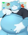  2023 absurd_res anthro bear belly big_belly blue_body blush cake candy clothed clothing dessert doughnut eyes_closed food hi_res kemono male mammal moobs moosh navel nintendo oracle_of_ages oracle_of_seasons overweight overweight_male raised_clothing raised_shirt raised_topwear shirt solo the_legend_of_zelda topwear trail_arnak wings 