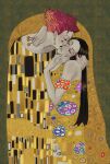  2boys absurdres arm_around_neck black_hair black_lips closed_eyes facepaint facial_mark fine_art_parody gustav_klimt_(style) hand_on_another&#039;s_face hand_on_another&#039;s_hand highres hisoka_morow holding holding_another&#039;s_head holding_hands holding_needle hunter_x_hunter illumi_zoldyck kiss kissing_cheek lisanamii long_hair male_focus multiple_boys nail_polish needle parody pin pink_nails profile red_hair robe short_hair star_(symbol) star_facial_mark the_kiss yaoi yellow_robe 