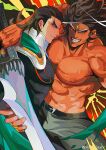  2boys abs absurdres arm_around_shoulder bara cape character_request copyright_request dark-skinned_male dark_skin doufujintianxianle evil_smile feet_out_of_frame forehead_jewel green_cape grin highres holding holding_sword holding_weapon large_pectorals long_sideburns male_focus medium_hair multiple_boys muscular muscular_male nipples no_pupils pectorals short_hair sideburns smile stomach sweat sword thick_eyebrows topless_male veiny_crotch weapon 