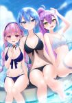  3girls absurdres barefoot bikini black_bikini blue_bikini blue_eyes blue_hair blush braid breasts cleavage closed_mouth day green_eyes hair_between_eyes highres hololive hoshimachi_suisei large_breasts long_hair looking_at_viewer medium_breasts mia_(mk2022) minato_aqua multicolored_hair multiple_girls open_mouth outdoors pink_hair ponytail pool purple_eyes purple_hair short_hair sitting small_breasts smile star_(symbol) star_in_eye startend_(hololive) streaked_hair swimsuit symbol_in_eye thigh_strap tokoyami_towa twin_braids two-tone_hair virtual_youtuber white_bikini 