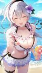  1girl absurdres alternate_hairstyle beach bikini bikini_skirt blue_sky blush breasts cleavage closed_eyes cloud collarbone commentary_request corrin_(female)_(fire_emblem) corrin_(female)_(summer)_(fire_emblem) corrin_(fire_emblem) day fingernails fire_emblem fire_emblem_fates fire_emblem_heroes flower flower_necklace frilled_skirt frills hair_between_eyes hair_ornament highres holding holding_spoon large_breasts long_hair navel norimaki_(nrmk_norinori) ocean official_alternate_costume open_mouth outdoors pink_flower pink_nails ponytail purple_flower sand skirt sky smile solo spoon stomach swimsuit water white_bikini white_hair white_skirt 