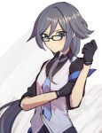  1girl armband black_gloves black_sleeves blue_armband clenched_hand closed_mouth fu_hua fu_hua_(night_squire) glasses gloves grey_hair hair_between_eyes highres honkai_(series) honkai_impact_3rd long_hair mmhy_hk simple_background solo upper_body white_background 