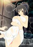  1girl assisted_exposure asuka_(senran_kagura) blush breasts brown_eyes brown_hair cleavage clothes_pull grabbing hair_ribbon highres large_breasts naked_towel official_art onsen outdoors ponytail ribbon rock senran_kagura senran_kagura_shoujo-tachi_no_shin&#039;ei short_hair solo towel tree water wet wet_towel white_ribbon yaegashi_nan 