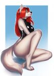  anthro breasts canid canine canis clothed clothing female hair hi_res himeraa latex leotard mammal pinup pose red_hair simple_background sitting skimpy solo wolf 