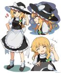  1girl apron black_footwear black_headwear black_skirt black_vest blonde_hair blush bow frilled_apron frilled_skirt frills frown hat hat_bow highres kirisame_marisa long_hair multiple_views open_mouth ramudia_(lamyun) shirt shoes short_sleeves skirt smile socks star_(symbol) touhou twitter_username vest waist_apron white_apron white_bow white_shirt white_socks witch_hat yellow_eyes 