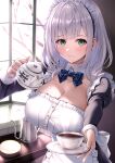  1girl absurdres apron blush braid breasts cleavage closed_mouth cup green_eyes grey_hair highres holding holding_cup hololive huge_breasts kamishiro_mai_(capti-no) lips looking_at_viewer maid maid_apron maid_headdress medium_hair mole mole_on_breast shirogane_noel solo tea teacup virtual_youtuber 