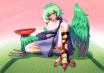  1girl bird_legs blush breasts chest_sarashi cleavage commentary_request cup feathered_wings feathers green_feathers green_hair green_wings hair_between_eyes harpy highres holding holding_cup japanese_clothes kimono long_hair looking_at_viewer monster_girl mouth_hold multicolored_hair open_mouth original pipe_in_mouth purple_kimono red_eyes red_hair sakazuki sarashi sitting smoking smoking_pipe solo talons textless_version togenomaru torn_clothes torn_socks two-tone_hair winged_arms wings yellow_eyes 