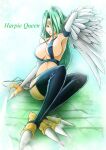  1girl arm_behind_head bare_shoulders bird_legs black_thighhighs breasts brown_eyes character_name circlet claws duel_monster feathered_wings feathers green_hair hair_over_one_eye harpie_queen harpy large_breasts long_hair looking_at_viewer mice08 monster_girl ponytail revealing_clothes solo thighhighs white_feathers white_wings winged_arms wings yu-gi-oh! 