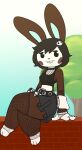  2023 3_toes 4_fingers accessory animal_crossing anthro armwear barefoot black_belt black_clothing black_crop_top black_eyes black_hair black_nose black_shirt black_tank_top black_topwear bottomwear breasts brick_wall brown_body brown_fur buckteeth carmen_(animal_crossing) clothing crossed_legs feet female fingers fishnet fishnet_armwear fishnet_clothing fishnet_legwear fishnet_topwear front_view fur goth grey_bottomwear grey_clothing grey_skirt hair hair_accessory hi_res lagomorph legwear leporid looking_away mammal midriff neko3240 nintendo plant rabbit red_cheeks shirt sitting skirt small_breasts smile solo tank_top teeth thick_thighs toes topwear tree wall_(structure) white_inner_ear 