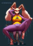  absurd_res anthro batman_(series) big_breasts big_ears bottomwear breasts brown_body brown_fur chair clothed clothing cosplay dc_comics female fully_clothed fur furniture generation_4_pokemon hand_behind_head hi_res lagomorph lipstick long_ears lopunny lopunny_the_bitch makeup mammal nintendo on_chair pants pokemon pokemon_(species) purple_clothing red_lipstick shirt sitting sitting_on_chair small_waist solo spread_legs spreading suit tahomich0 the_joker topwear white_face_paint 