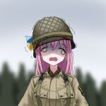  101st_airborne 1girl @_@ bocchi_the_rock! breast_pocket cube_hair_ornament gotoh_hitori hair_ornament helmet highres military military_uniform motion_lines paratrooper patch pink_hair pocket shoulder_patch uniform united_states united_states_army world_war_ii 