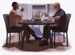  2boys bald black_hair black_pants blue_shirt breaking_bad brown_shirt candle candlestand chair cup dark-skinned_male dark_skin dinner drinking drinking_glass facial_hair food fork glasses gustavo_fring highres holding holding_cup holding_fork holding_knife knife long_sleeves looking_at_another male_focus mike_ehrmantraut multiple_boys on_chair pants profile refrigerator shadow shirt short_hair sitting sleeves_rolled_up table very_short_hair white_facial_hair wine_glass yaoi zepp_xx 