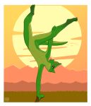  anthro artist_logo athletic athletic_male balancing balancing_on_one_hand countershading dated detailed_background dragon featureless_crotch green_body green_scales handstand hapromeen hi_res holding_leg logo looking_at_viewer male mountain nude on_one_hand orange_eyes scales solo tail wingless_dragon 