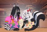  2023 anthro beverage black_and_white_fur blue_eyes bow_ribbon cafe colored_nails dark_hair dreadlocks drinking duo equid equine fan_character girly hair hand_on_shoulder hi_res lapinbeau long_hair male mammal mephitid milkshake muscular muscular_male nails pride_color_flag sharing_food signature skunk white_hair zebra 