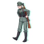  1girl absurdres belt_buckle belt_pouch black_footwear bolt_action boots buckle collar_tabs commentary english_commentary full_body glasses green_pants green_shirt gun highres insignia mauser_98 military military_uniform original ostwindprojekt pants pouch reichswehr rifle round_eyewear shirt sling soldier uniform weapon 