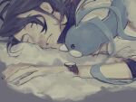  altaria augustine_sycamore bed_sheet black_eyes black_hair closed_eyes closed_mouth cuddling empty_eyes facial_hair feather_hair long_hair looking_at_another lying lying_on_person pokemon pokemon_(creature) sleeping stubble watch wristwatch 