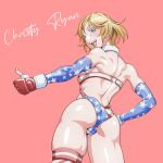  absurdres american_flag_bikini ass bikini blonde_hair breasts cameltoe character_request cowboy_shot daikokuya_yenjaku elbow_gloves flag_print from_behind gloves highres medium_breasts multicolored_eyes open_mouth original padded_gloves pink_background short_hair swimsuit thumbs_up 