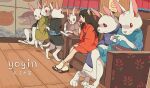  1girl animal animal_ears artist_name black_hair blue_kimono cat_ears cat_girl clothed_animal couch crossed_legs eating food from_side furry green_kimono grey_kimono holding holding_food holding_ice_cream ice_cream indoors japanese_clothes kimono long_hair long_sleeves looking_at_another looking_at_viewer looking_to_the_side noren odd_one_out original rabbit red_eyes red_kimono short_kimono sitting socks soft_serve standing tabi white_socks wide_sleeves wooden_floor wooden_wall yogin zouri 