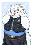  a_curbe anthro belly blep blue_clothing canid canine canis clothing fur gesture hi_res lifewonders live_a_hero locksmith male mammal one_eye_closed overweight shirt solo t-shirt tongue tongue_out topknot topwear v_sign vest white_body white_fur wink wolf yohack 