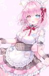  1girl absurdres ahoge aineko_hiyori animal_ears apron blue_eyes cat_ears commission detached_sleeves heterochromia highres indie_virtual_youtuber kabashima_hana maid maid_headdress medium_hair pink_eyes pink_hair skeb_commission solo white_apron 