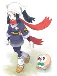  1girl akari_(pokemon) black_hair black_shirt brown_footwear commentary_request eyelashes grass grey_eyes grey_jacket grey_skirt head_scarf highres jacket long_hair loose_socks open_mouth pantyhose pokemon pokemon_(creature) pokemon_(game) pokemon_legends:_arceus ponytail red_scarf rii_(mrhc7482) rowlet scarf shirt shoes sidelocks skirt smile socks standing white_background white_headwear 