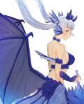  1girl armor back bikini_armor black_clover blue_choker choker closed_mouth crown dragon_horns dragon_wings fins grey_hair head_fins highres holding holding_polearm holding_weapon horns long_hair looking_at_viewer low_twintails noelle_silva polearm purple_eyes rizaavana simple_background slit_pupils solo twintails valkyrie weapon white_background wings 