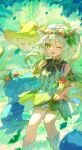  1girl 3others absurdres dress flower fungi_(genshin_impact) genshin_impact gradient_hair green_eyes green_hair hair_between_eyes hair_flower hair_ornament highres long_hair looking_at_viewer multicolored_hair multiple_others nahida_(genshin_impact) one_eye_closed open_mouth pointy_ears side_ponytail smile suzushi symbol-shaped_pupils teeth upper_teeth_only white_dress white_hair 