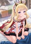  1girl alternate_costume bare_shoulders bed_sheet blonde_hair book breasts cagliostro_(granblue_fantasy) collarbone commentary_request dress granblue_fantasy highres lips long_hair looking_at_viewer on_bed parted_lips purple_eyes sitting small_breasts solo thighs tiara white_dress yapo_(croquis_side) 