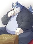 2023 anthro belly big_belly black_nose blue_body bottomwear canid canine canis clothing cute_fangs domestic_dog hi_res kemono male mammal noctnoc overweight overweight_male pants shirt shogi sitting solo topwear 