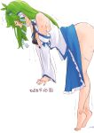  1girl barefoot between_breasts black_necktie blue_skirt blush breasts closed_eyes collared_shirt commentary_request dated detached_sleeves frilled_skirt frills frog_hair_ornament full_body green_hair hair_ornament highres implied_sex kei_jiei kochiya_sanae large_breasts leaning_forward long_hair necktie necktie_between_breasts panties panty_pull shirt sidelocks simple_background single_hair_tube skirt sleeveless sleeveless_shirt snake_hair_ornament solo tiptoes touhou underwear white_background white_panties white_shirt white_sleeves 