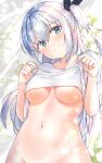 1girl absurdres aqua_eyes black_ribbon blush bottomless breasts closed_mouth clothes_lift day grey_hair groin hair_between_eyes hair_ribbon head_tilt highres lifted_by_self light_rays long_hair looking_at_viewer medium_breasts naked_shirt navel nervous_smile no_bra one_side_up original out-of-frame_censoring ribbon shiitake_taishi shirt shirt_lift short_sleeves sidelocks smile solo stomach sunbeam sunlight underboob upper_body very_long_hair white_shirt 