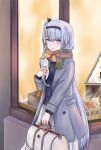  1girl bag black_headband closed_mouth coat fringe_trim fuyutsuki_(kancolle) grey_coat grey_eyes grey_hair headband highres holding holding_bag jewelry kantai_collection long_hair long_sleeves open_clothes open_coat ring rukialice scarf skirt solo wedding_ring white_skirt 