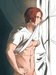  1boy abs bara bare_pectorals bottomless brown_hair clothes_lift facial_hair hand_on_own_hip highres indoors large_pectorals male_focus muscular muscular_male naked_shirt navel nipples one_piece pectorals rimiter shanks_(one_piece) shirt shirt_lift short_hair solo twitter_username upper_body white_shirt window 