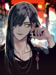  1boy artist_name black_hair black_shirt blurry blurry_background collarbone ear_piercing earrings fang fingernails hair_over_one_eye highres jewelry koshika_rina light long_hair long_sleeves looking_at_viewer male_focus original outdoors piercing shirt smile solo watermark yellow_eyes 