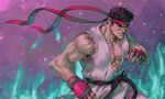  1boy black_hair carless_(ppanic) clenched_teeth dougi fingerless_gloves gloves headband highres large_pectorals male_focus muscular muscular_male pectorals red_gloves red_headband ryu_(street_fighter) short_hair solo street_fighter street_fighter_6 teeth 