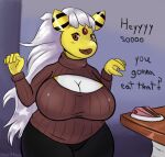  absurd_res ampharos anthro big_breasts breasts chubby_female cleavage_cutout clothed clothing dialogue female fur generation_2_pokemon hair hi_res huge_breasts long_hair moonlitesau nintendo pokemon pokemon_(species) slightly_chubby solo solo_focus sweater thick_thighs topwear white_hair wide_hips yellow_body yellow_fur 