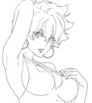  1girl arito_kei arm_up armpits breasts cleavage earrings fuuto_tantei greyscale hair_between_eyes hand_up highres hoop_earrings ivanart jewelry lineart lipstick looking_at_viewer makeup medium_breasts monochrome parted_lips short_hair solo swimsuit upper_body 