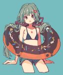  1girl alternate_costume alternate_eye_color alternate_hair_color alternate_hairstyle aqua_background arm_support bikini bikini_top_only black_shorts bokarokaku breasts chest_tattoo commentary cropped_legs doughnut_innertube grey_eyes grey_hair hair_flowing_over hair_ornament hatsune_miku heart heart_hair_ornament highres invisible_chair light_blush long_hair looking_at_viewer low_twintails navel number_tattoo open_mouth raised_eyebrow short_shorts shorts sitting small_breasts solo swimsuit tattoo twintails very_long_hair vocaloid 